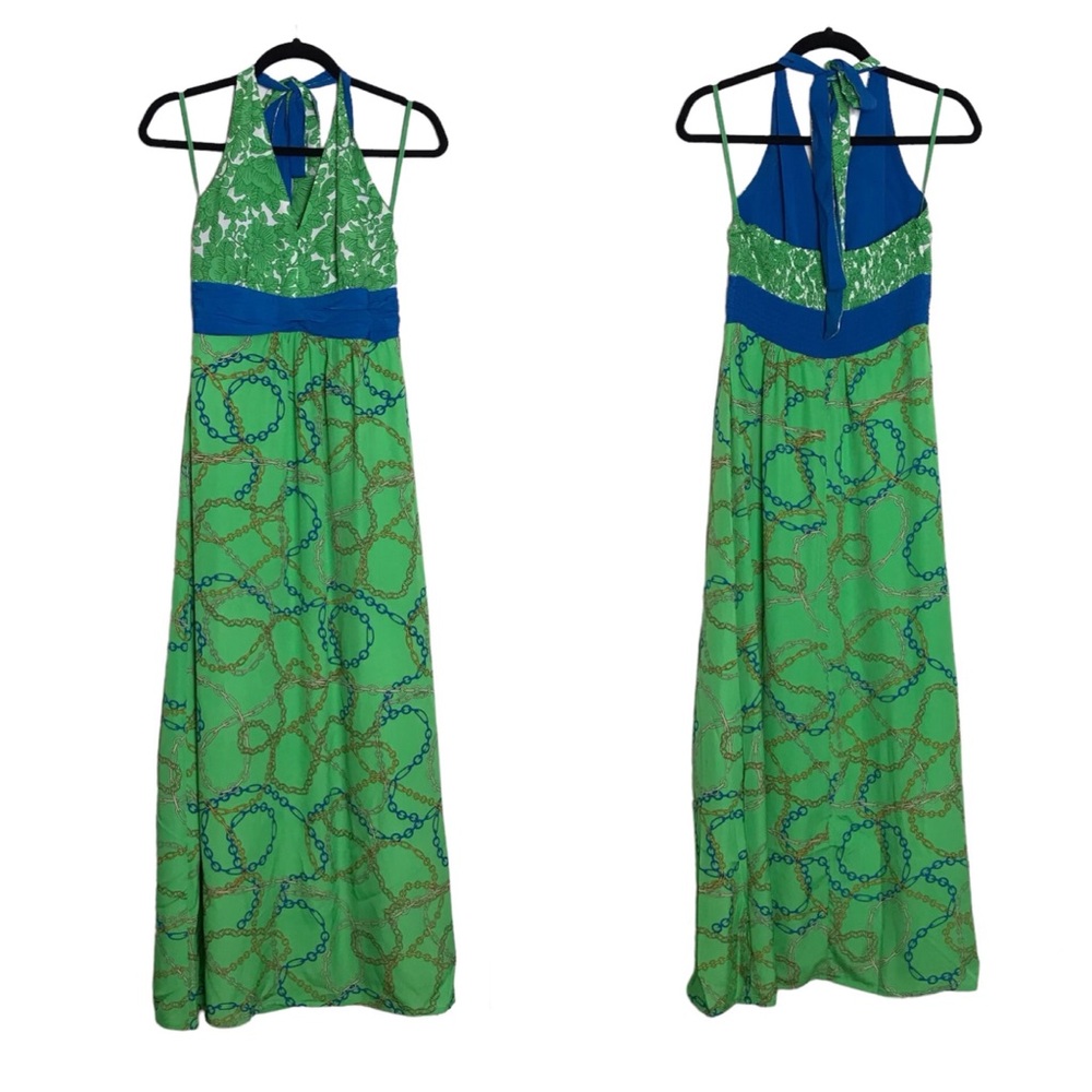 New York & Company Floral Chain Print Halter Sleeveless Maxi Dress Size XS Green